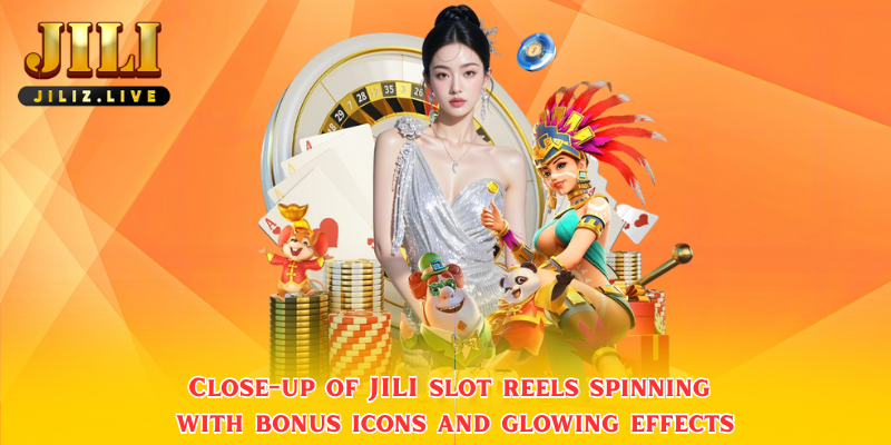 Close-up of JILI slot reels spinning with bonus icons and glowing effects