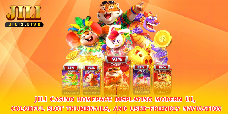 JILI Casino homepage displaying modern UI, colorful slot thumbnails, and user-friendly navigation
