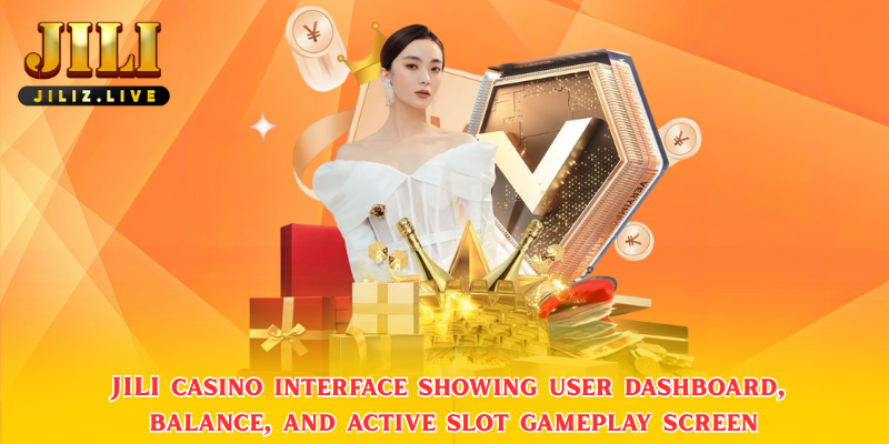 JILI casino interface showing user dashboard, balance, and active slot gameplay screen