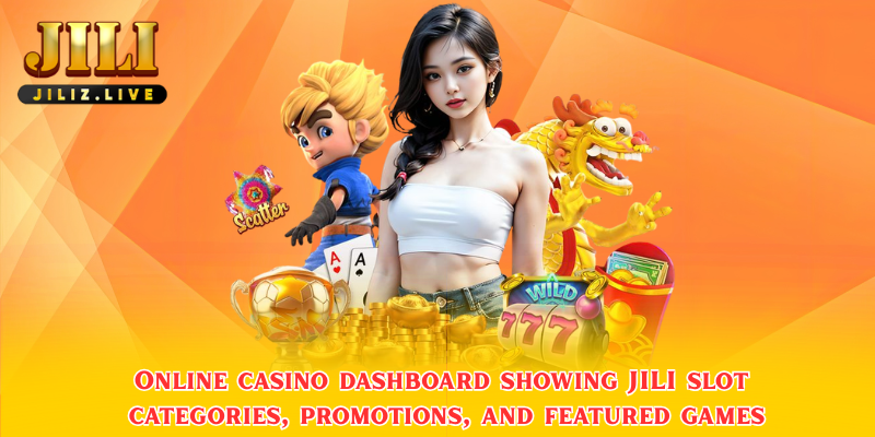 Online casino dashboard showing JILI slot categories, promotions, and featured games